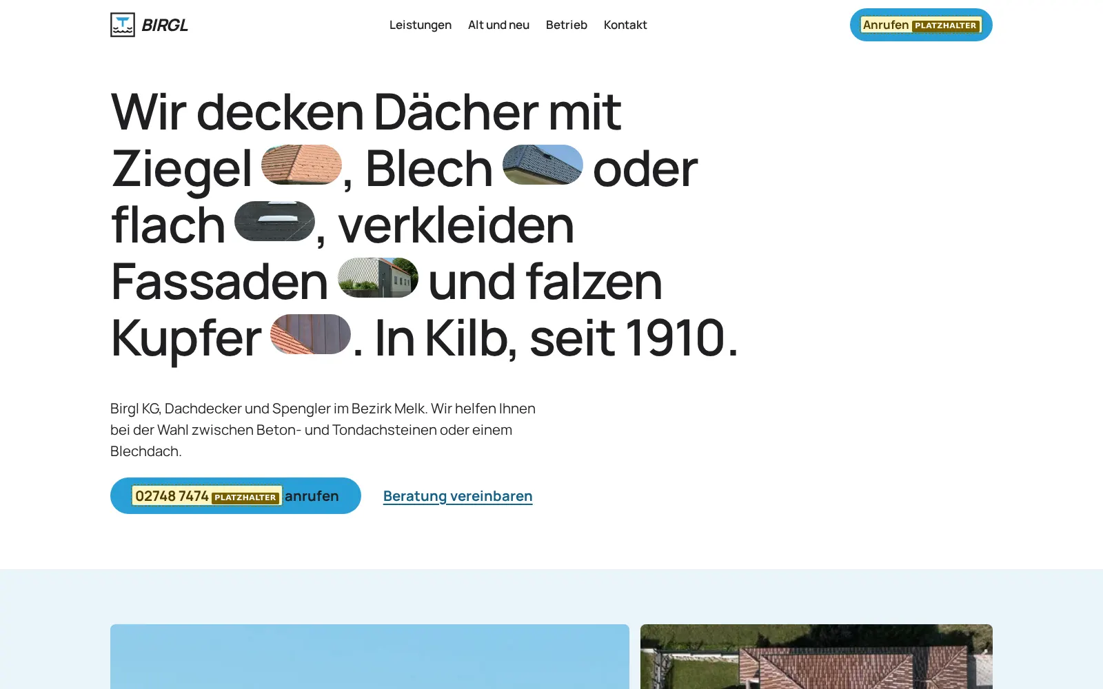 Vorschau Entwurf 3: großer Satz mit kleinen Dachfotos zwischen den Wörtern